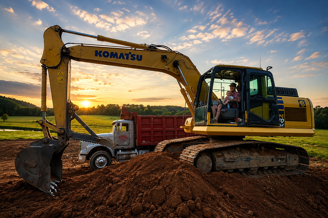 Excavation and hauling in Cullman County, AL C&H Hauling and Excavating excavator and dump truck moving dirt at sunset in Cullman County, AL