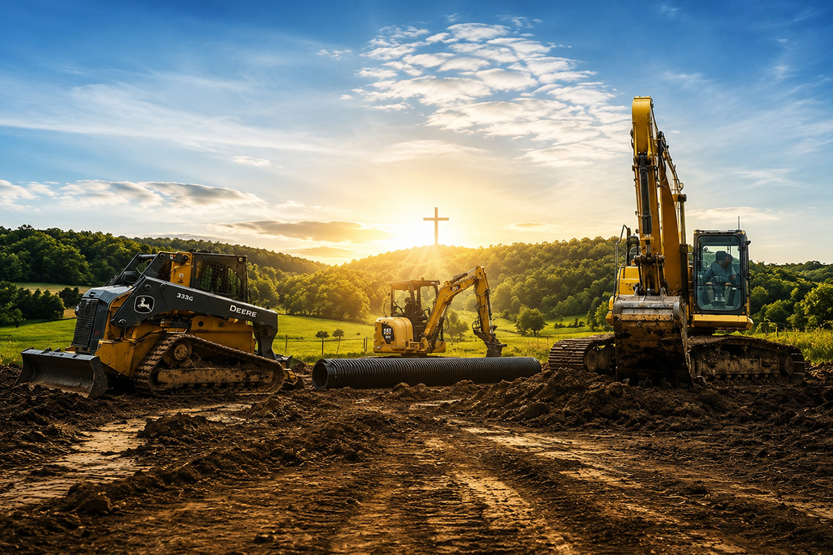 Excavating contractor in Bremen, AL Excavating contractor in Bremen, AL — excavation and land clearing equipment working a job site at sunrise